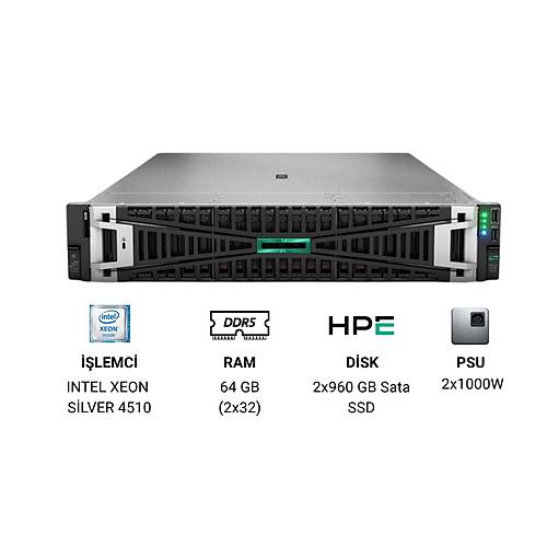 HPE ProLiant DL380 Gen11 4510 (2.4GHz 12core ) 64GB (2x32GB DDR5 4800MHz) 2x960GB 8x2,5" MR408i-o NC 8SFF 2x1000W Server P71674-425 ürün görseli