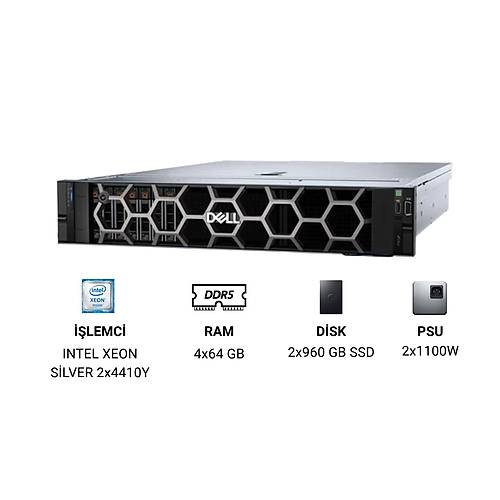 DELL PowerEdge R760XS Intel Xeon Silver 2x4410Y (12C/2.0Ghz) 4x64GB DDR5 2X960GB SATA SSD (16 x 2,5 inç HDD/SSD + 8 x NVMe) 2X10/25GbE H755 2x1GbE SFP+ iDRAC9 Enterprise 2 x 1100W PSU 2U RACK 3 R760XS ürün görseli