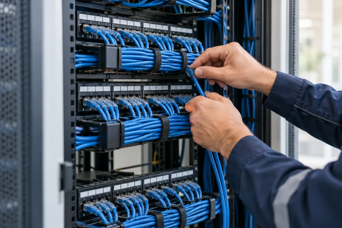 Монтажник СКС упорядочивает Ethernet-кабели на патч-панели; иллюстративное изображение, созданное ИИ.